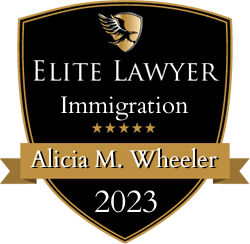 Elite Lawyer badge for Alicia M. Wheeler, Immigration, with five stars, in gold and black. 2023.
