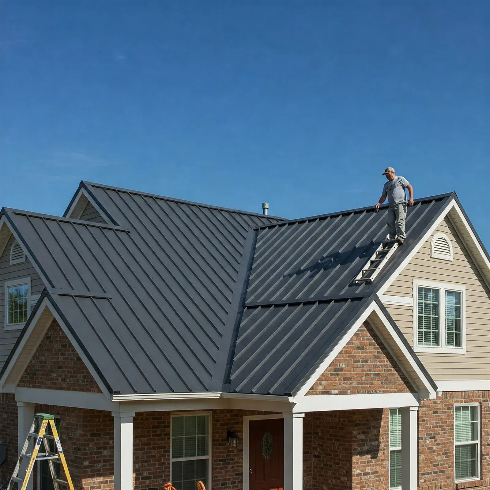 Man on ladder working on dark gray metal roof of a brick and tan house under a blue sky.