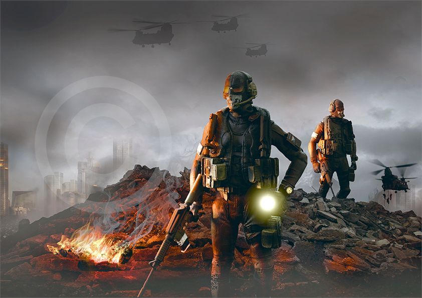 Composite image of a fallen city with soldiers climbing over rubble.