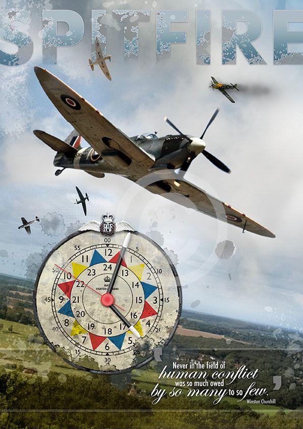 Spitfire clock design. Spitfire in flight over the countryside. RAF Sector clock. 