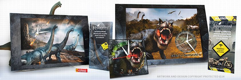 Dinosaur wall and desk clock designs.