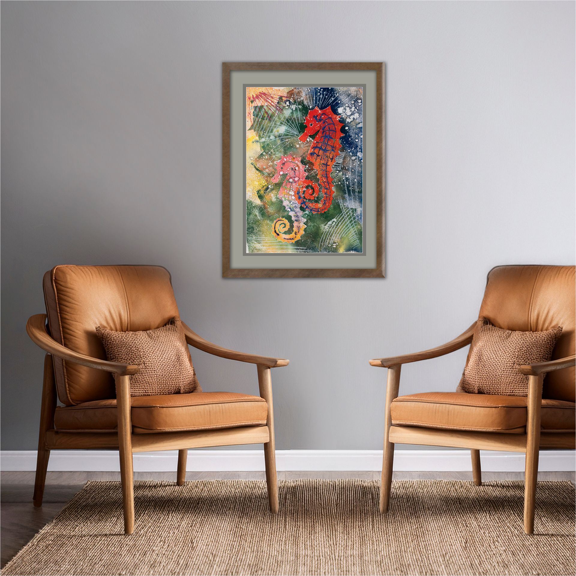 Mono print of seahorses