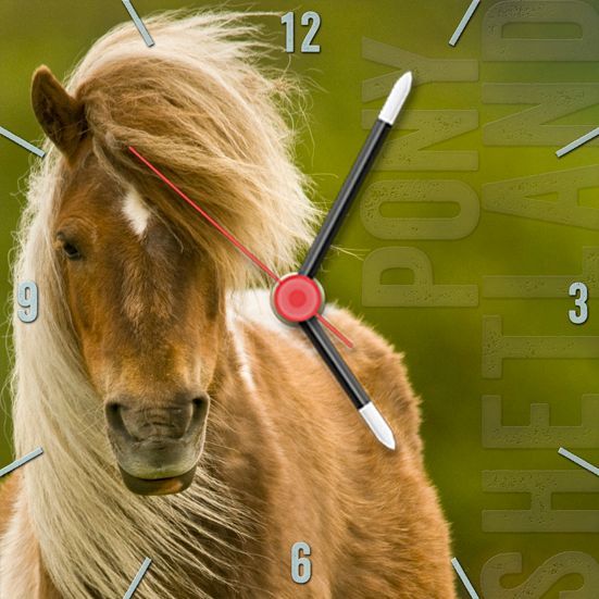 Windy Shetland Pony clock. A small desk clock, also available without the stand of a shetland pony on a windy day.