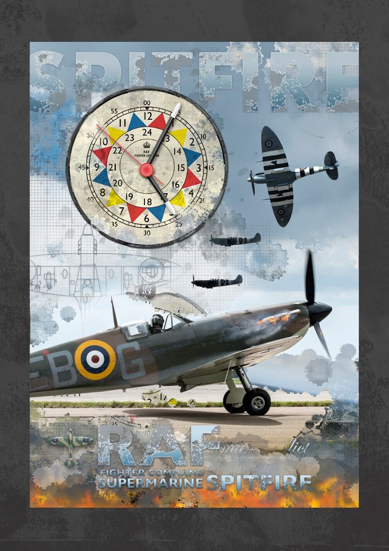 Spitfire with flames. Sector / Ops clock design (Portrait format).