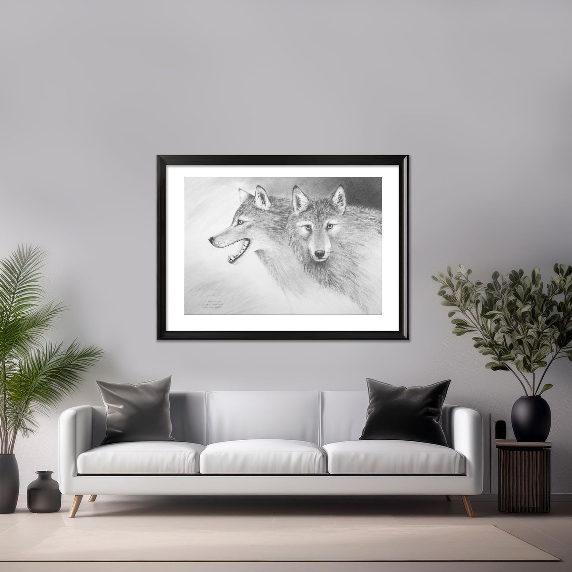 Two wolves together pencil drawing