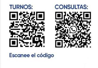 Dos códigos QR: uno para citas y otro para abrir un chat de WhatsApp para consultas.