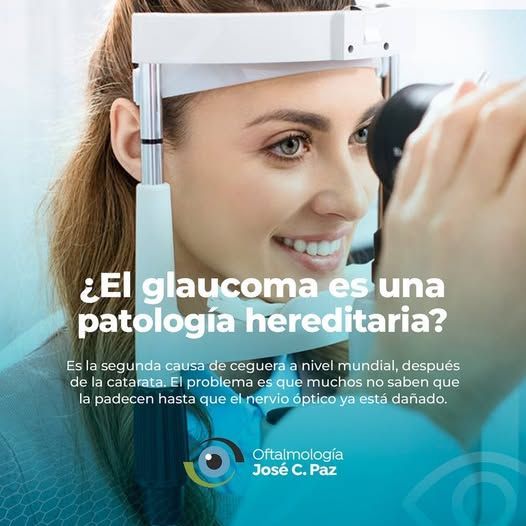 Mujer sometiéndose a un examen de la vista, texto: ¿El glaucoma es hereditario? Es la segunda causa principal de ceguera.