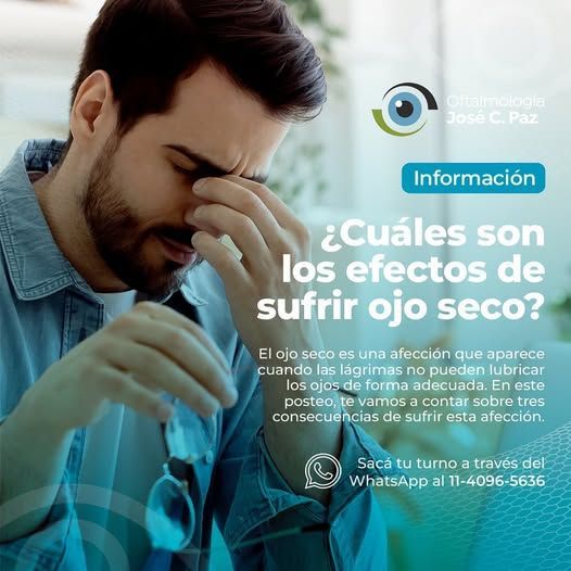 Hombre tocándose el ojo, pregunta sobre los efectos del ojo seco. Gráfico informativo con información de contacto.