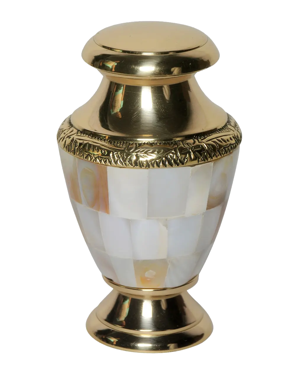 Golden and white decorative urn with a reflective mosaic body and rounded lid and base