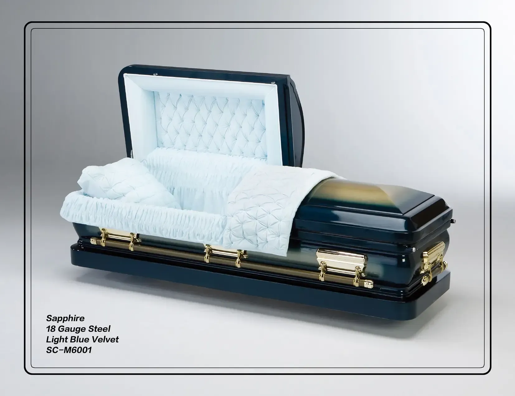White satin-lined black coffin with open lid and interior pillow on a light gray background