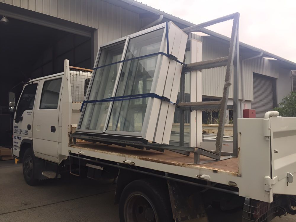 A White Truck Is Loaded with A Stack of Windows — Boambee Gauze 'n' Glass in Harbour, NSW