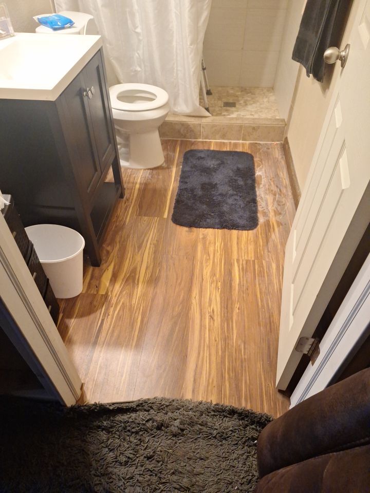Bathroom with wood-look floor, toilet, vanity, shower, bath mat, and a partial view of a doorway and chair.