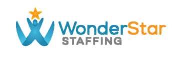 WonderStar Staffing logo featuring a blue abstract figure with outstretched arms holding a yellow star