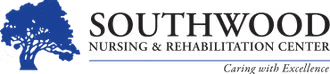 Logo for Southwood Nursing & Rehabilitation Center, blue tree graphic, gray text on black background.