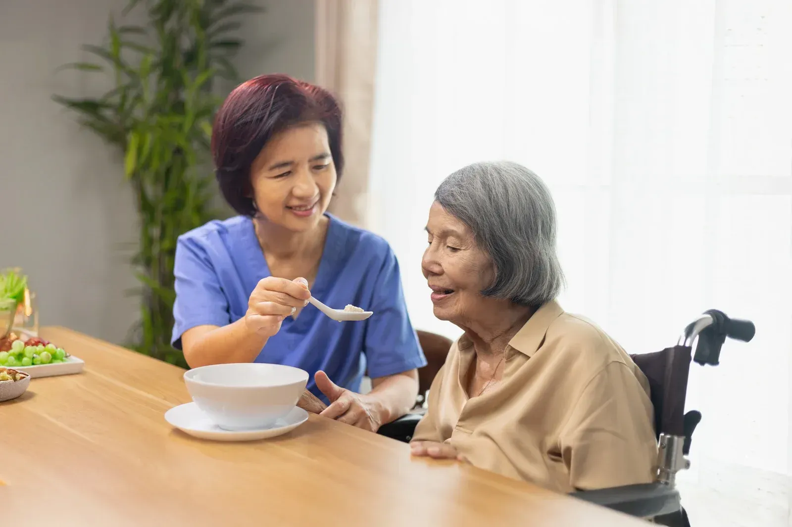 Caregiver feeding a person seated in a wheelchair, smiling at a dining table.