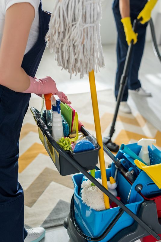A Woman Is Holding A Mop In Front Of A Cleaning Cart Filled With Cleaning Supplies — AGB Cleaning In Bentley Park, QLD
