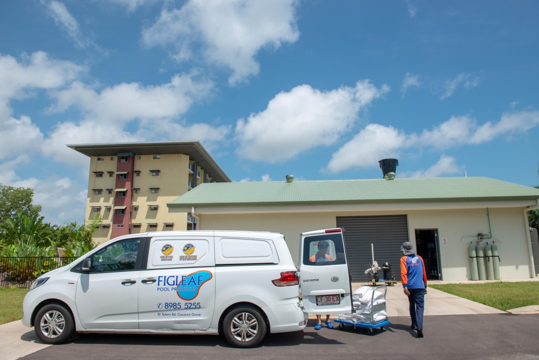 A White Van Is Parked in Front of A House — Figleaf Pool Products in Coconut Grove, NT