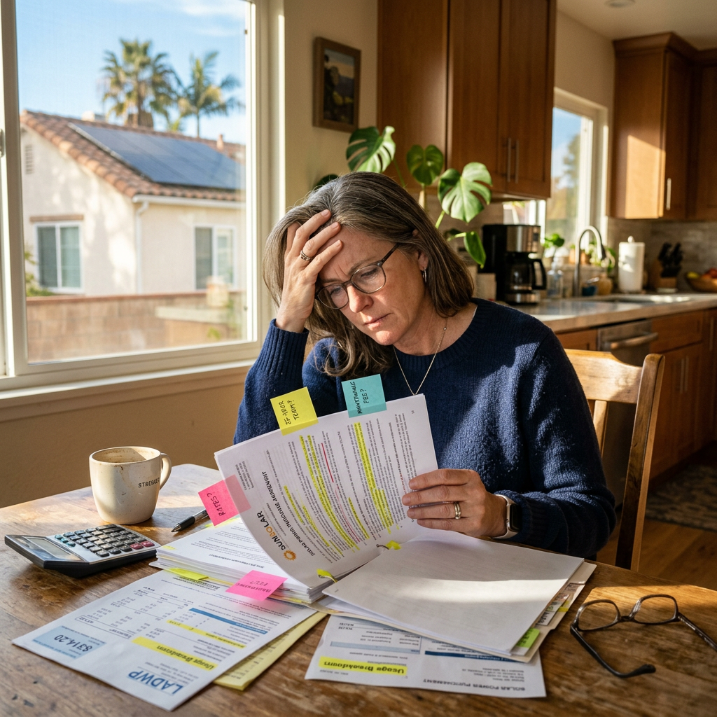California homeowner reviewing solar PPA contract documents at kitchen table