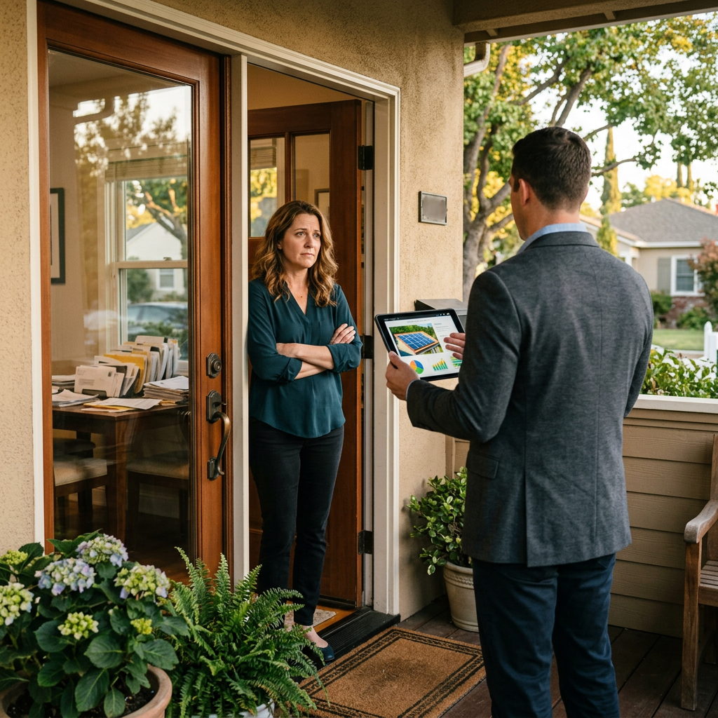 California homeowner at front door with skeptical expression facing a solar panel door-to-door sales