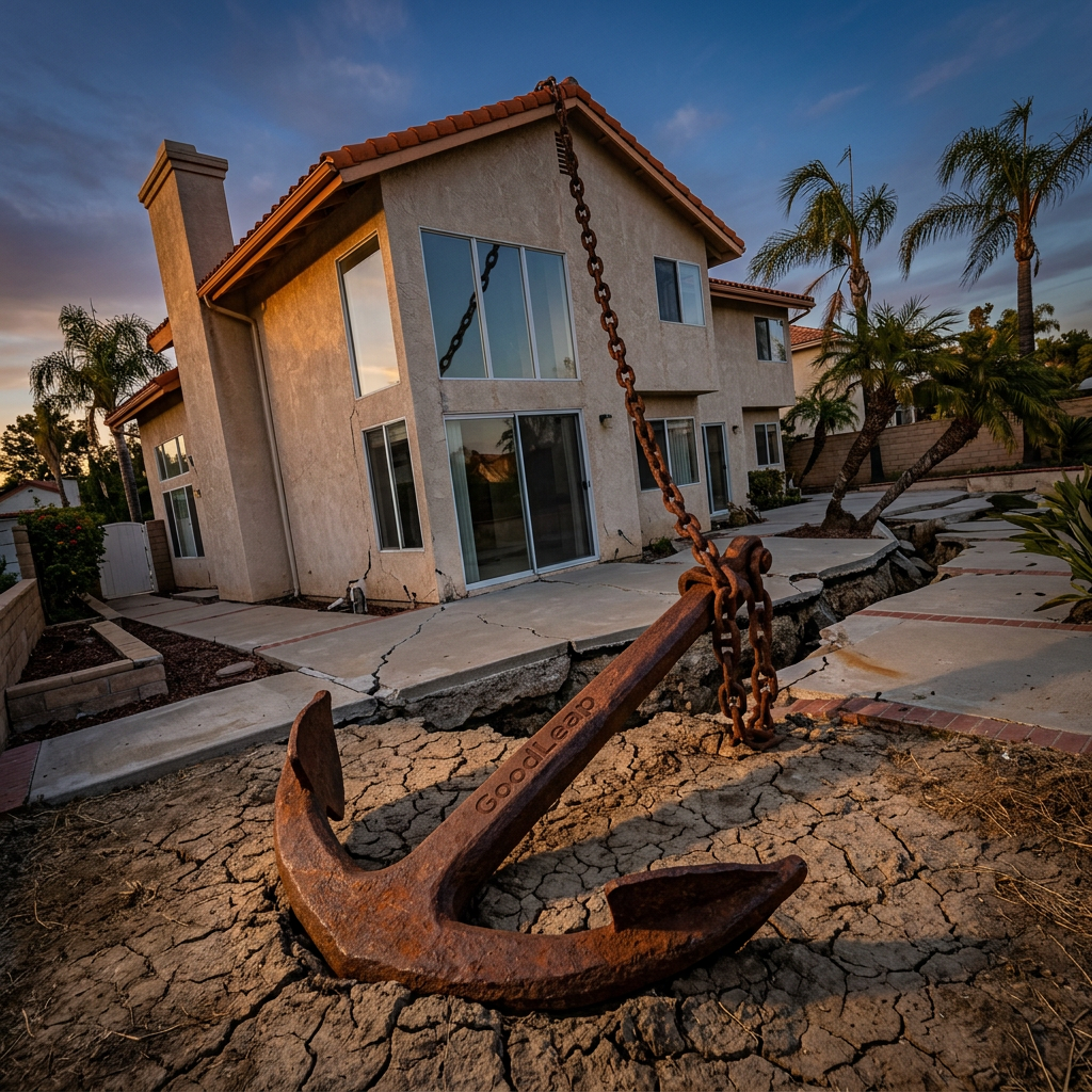 California home weighed down by a rusted GoodLeap-branded anchor symbolizing hidden solar loan