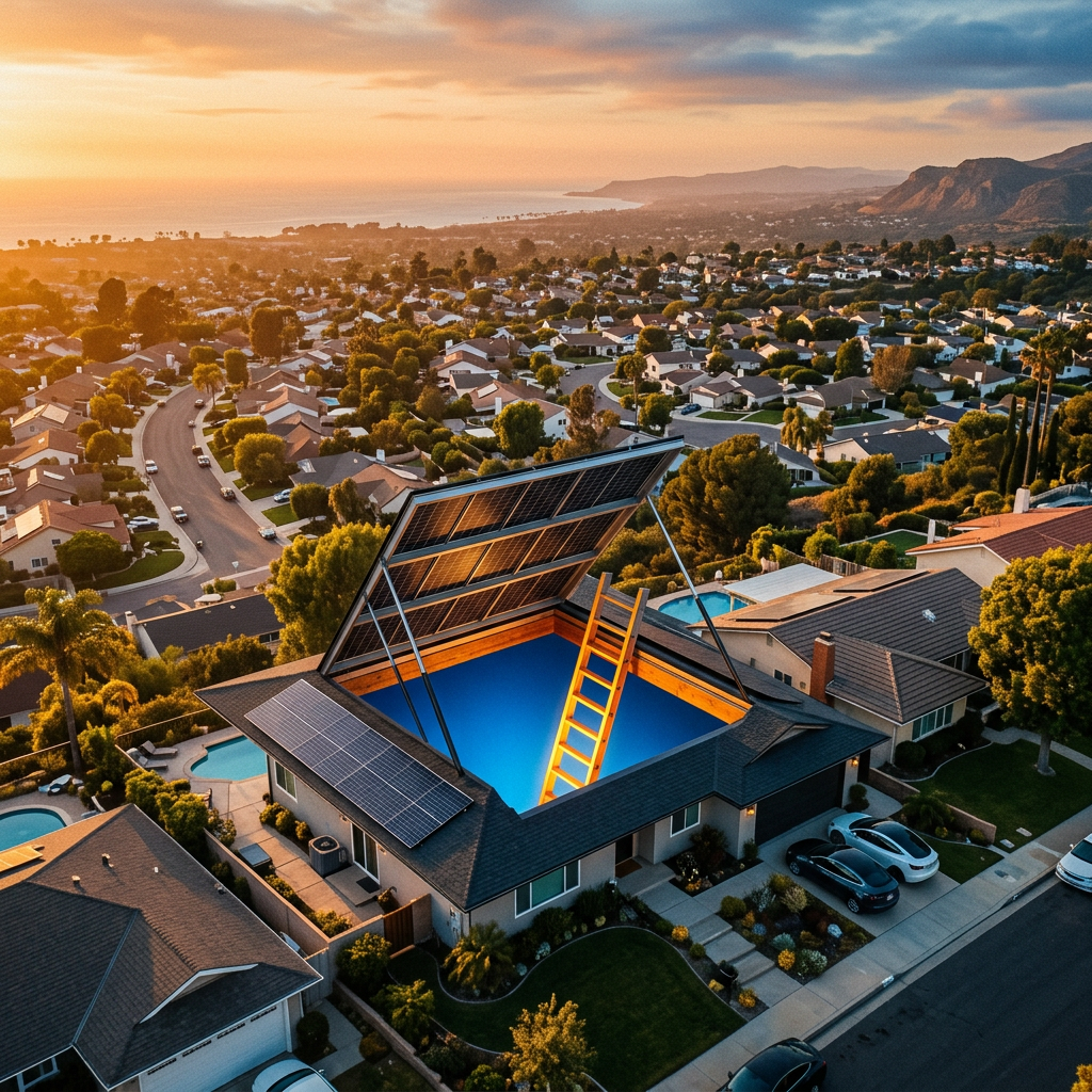 Aerial view of a California home with rooftop solar panels opening like a trap door 