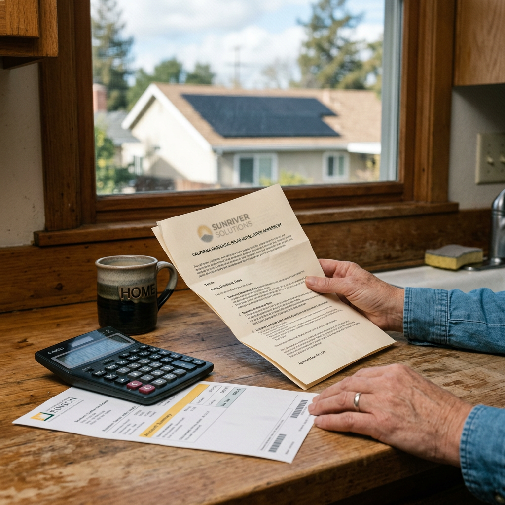 California homeowner reviewing a solar contract from a bankrupt installer beside a utility bill
