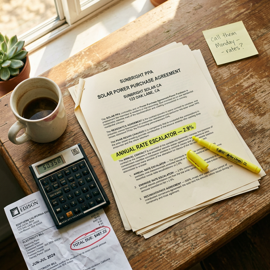 California homeowner reviewing the escalator clause in a solar PPA contract next to a utility bill 