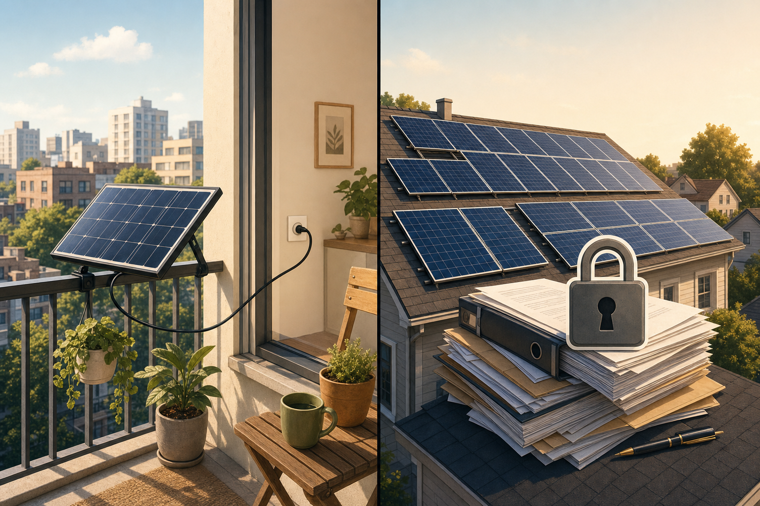 Comparison of simple plug-in balcony solar versus a rooftop solar system burdened by contracts 