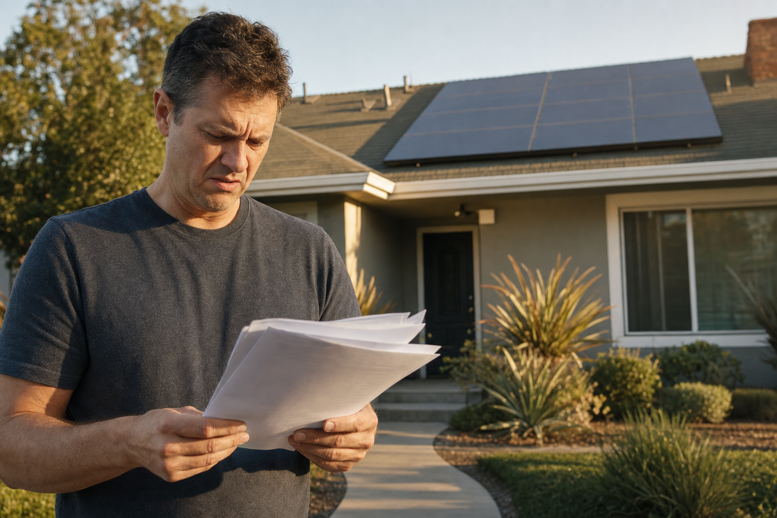 California homeowner reviewing solar loan paperwork after learning the loan cannot transfer