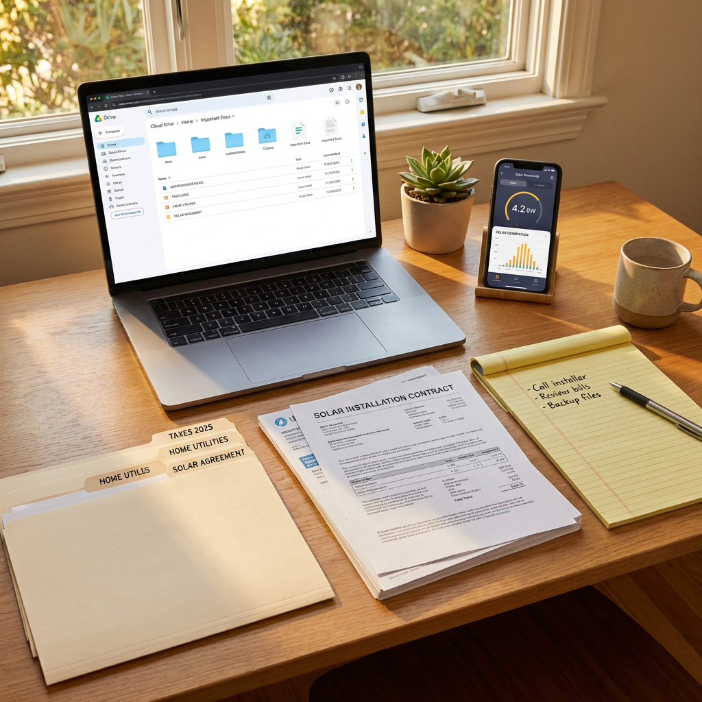 Organized documentation for a California solar fraud case including contract, & utility bills