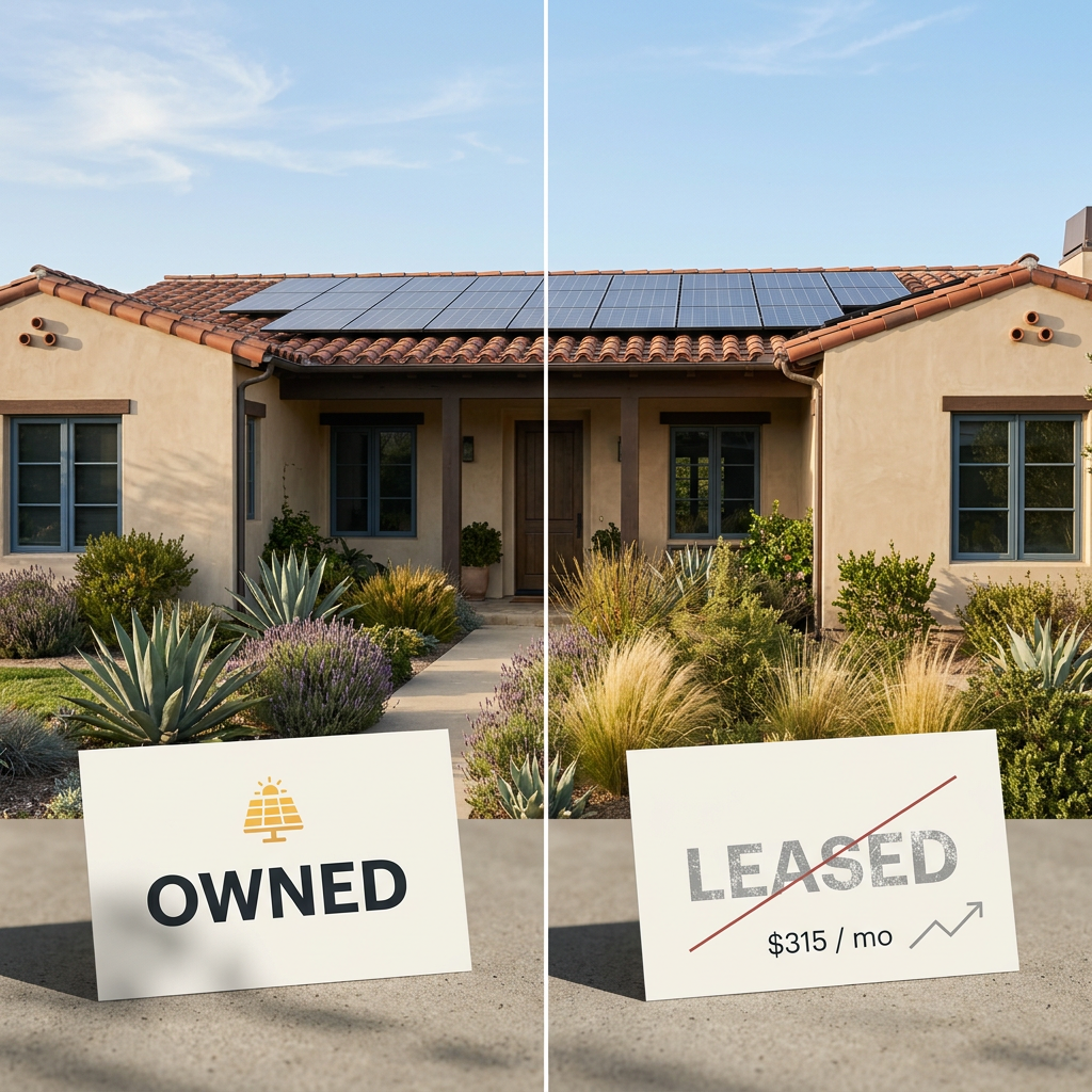 Side-by-side comparison of solar ownership vs. Sunrun solar lease on a California home