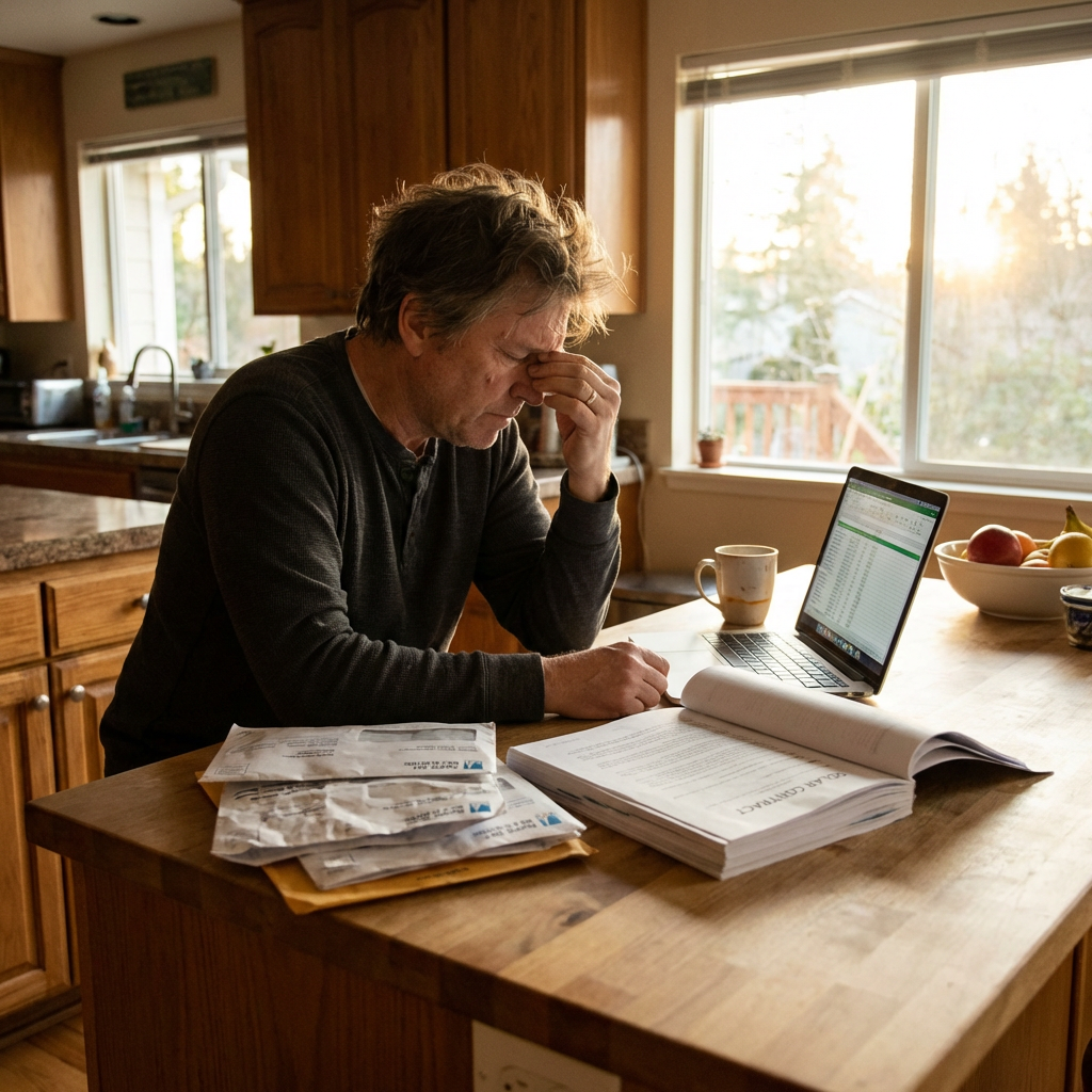California homeowner comparing utility bills and solar PPA contract at kitchen counter