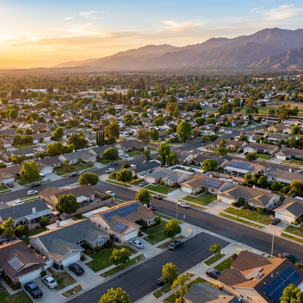 California suburban neighborhood with solar panels on rooftops at golden hour, Inland Empire.