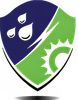 A blue and green shield with a sun and rain drops on it.