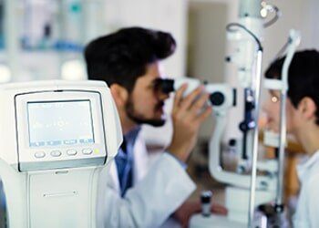 Optometrist examining patient in modern ophthalmology clinic — eye exams in Yorktown, VA