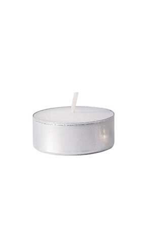 A single, white tealight candle with a wick, in a silver metal cup, against a white background.