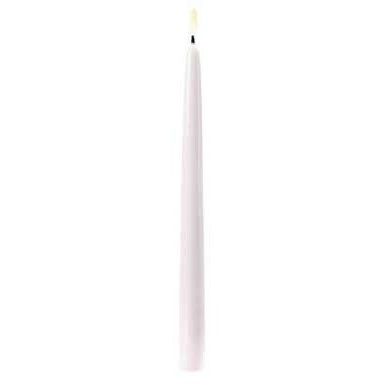 A long, white candle with a lit flame on top, set against a white background.