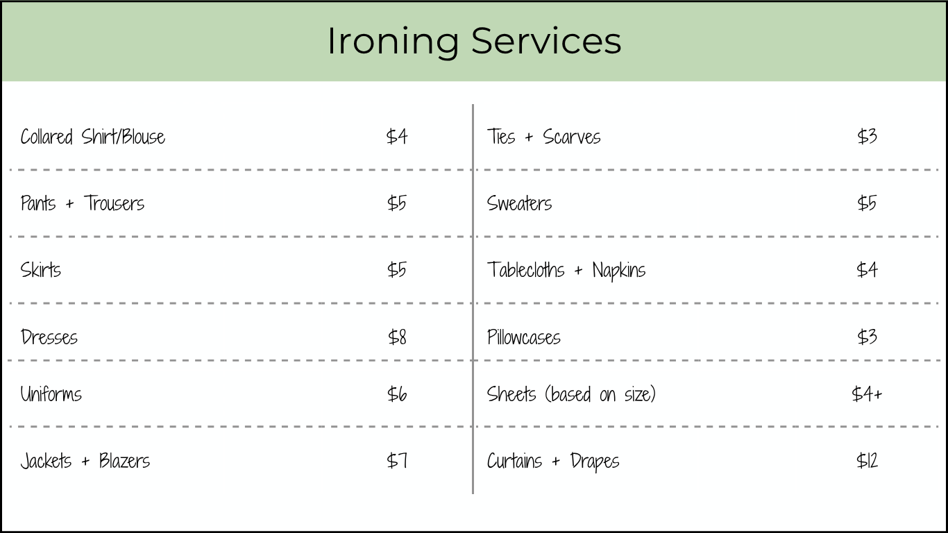 The Laundry Gal ironing services price list
