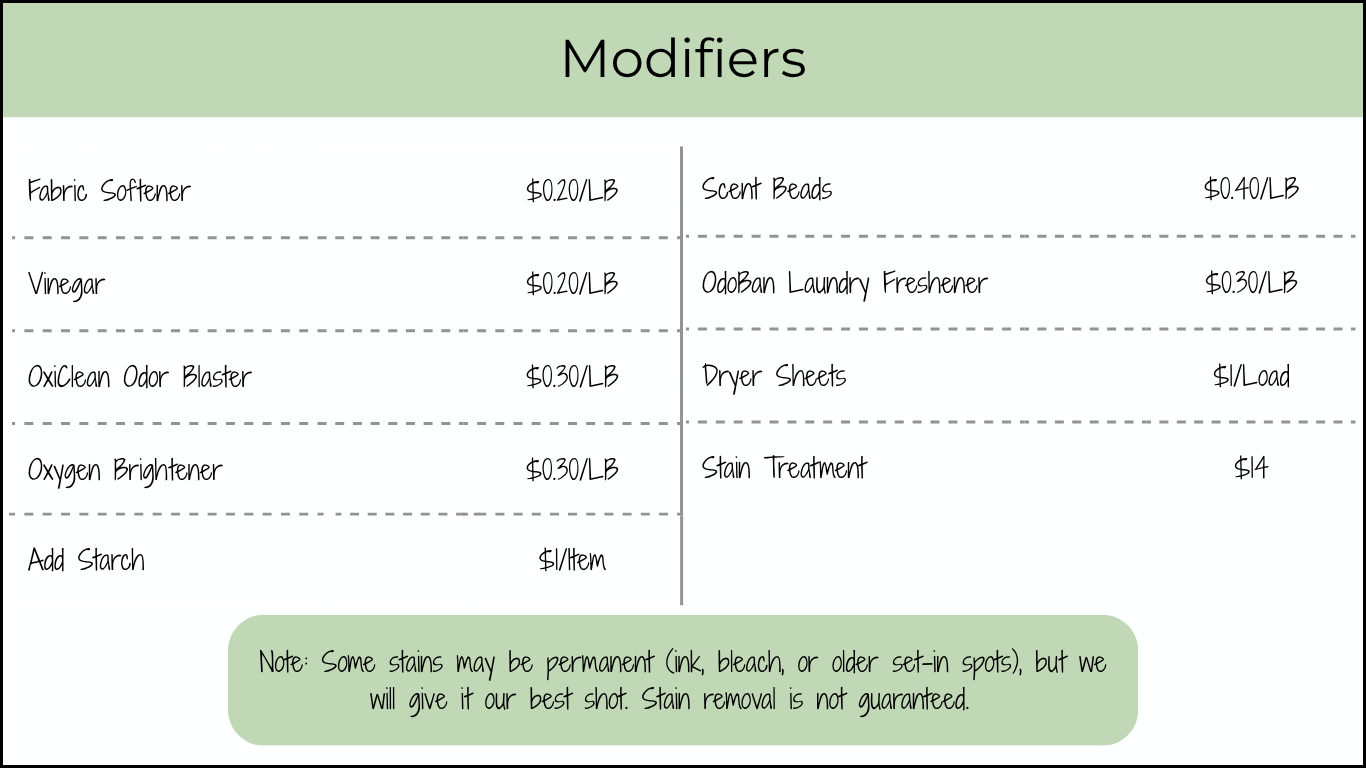 The Laundry Gal modifier price list