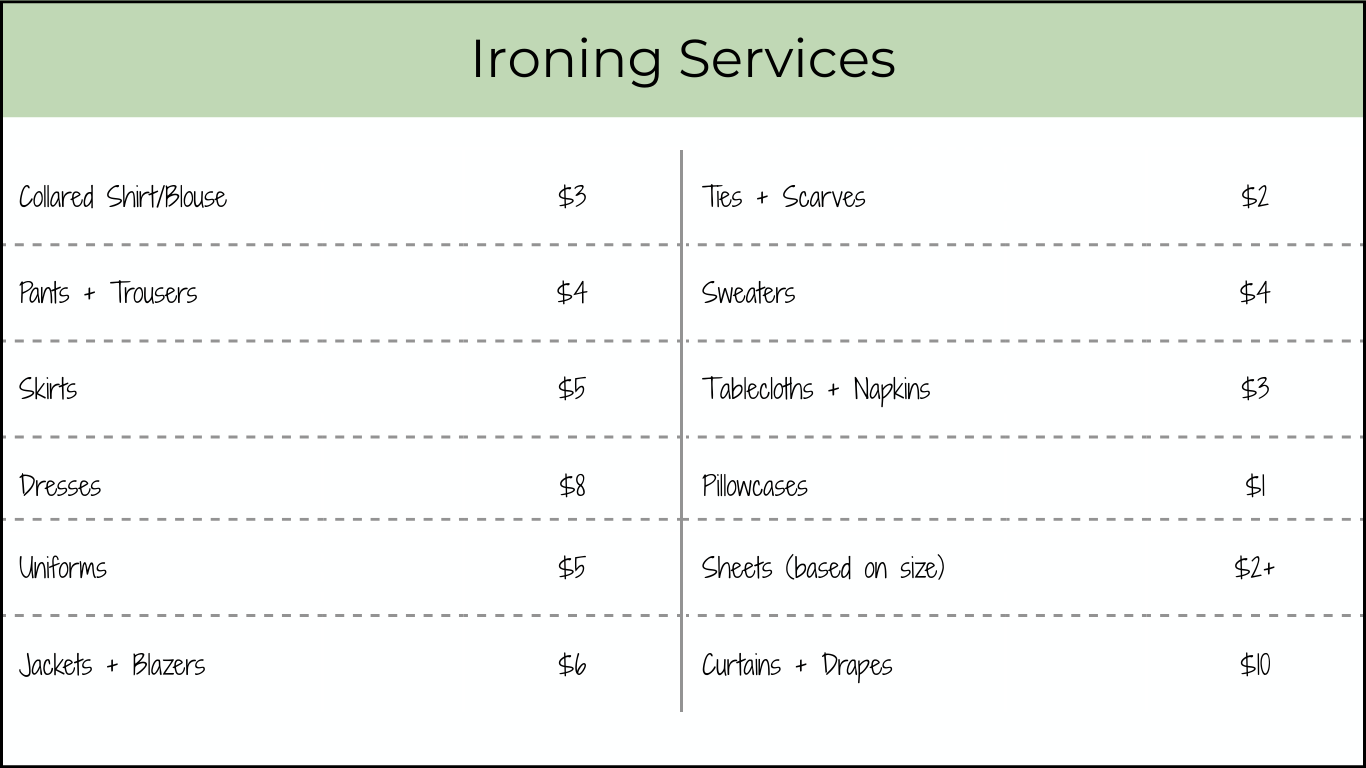 Ironing Service price list for The Laundry Gal