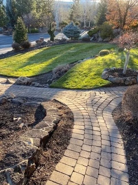 Brick pathway curves through a landscaped yard with green grass and trees on a sunny day.