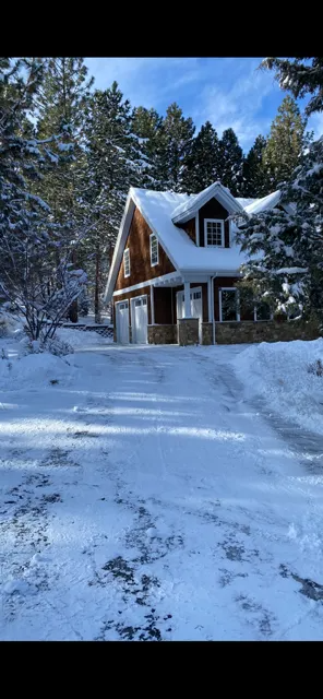 A snow-covered cabin in a forest with a snowy driveway. Blue sky with trees.