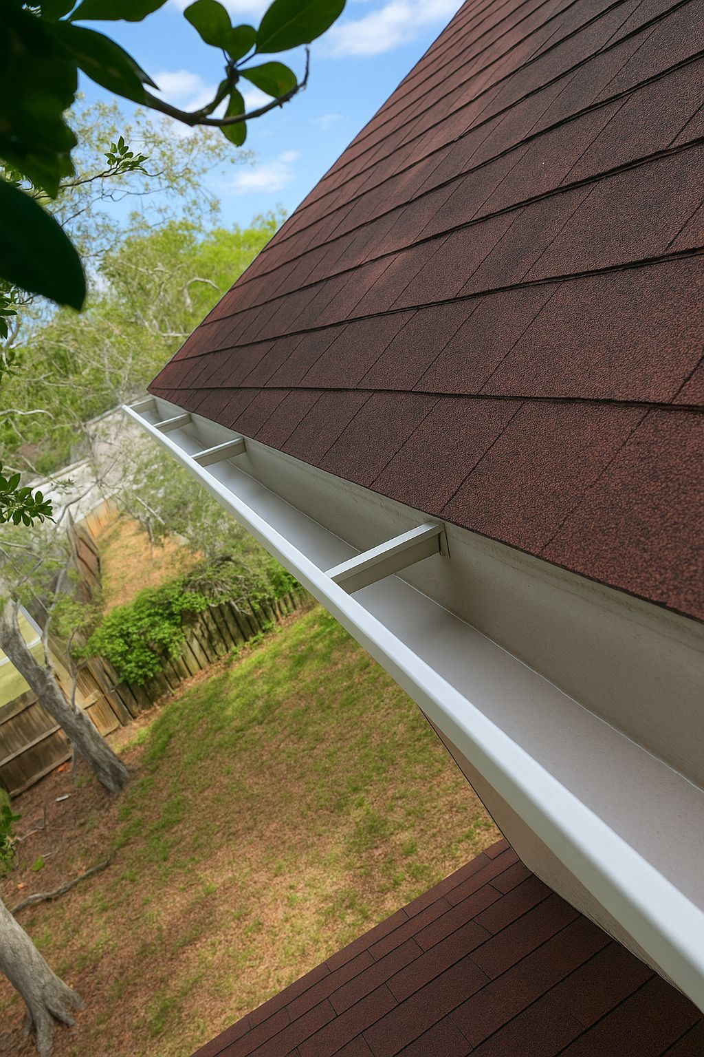 A gutter filled with leaves on the side of a house.