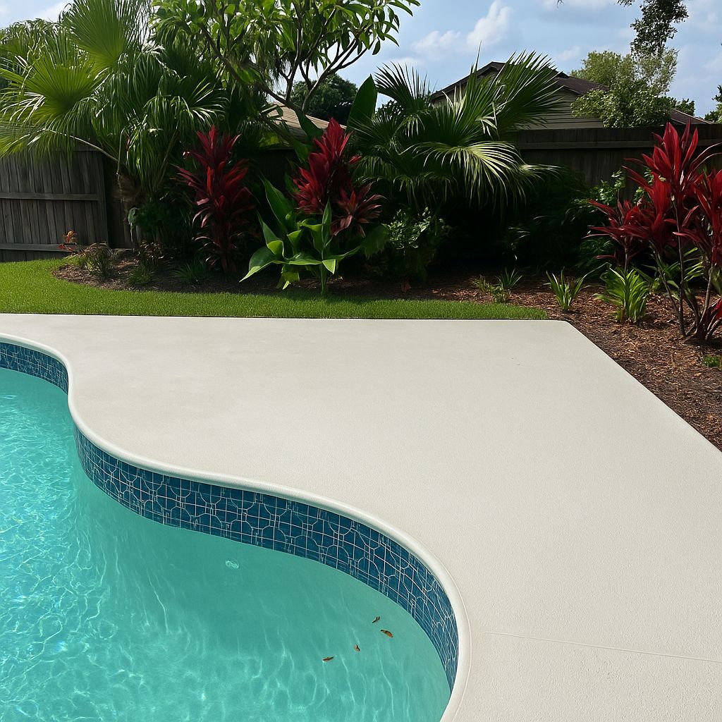 A swimming pool with a curved edge and a concrete deck
