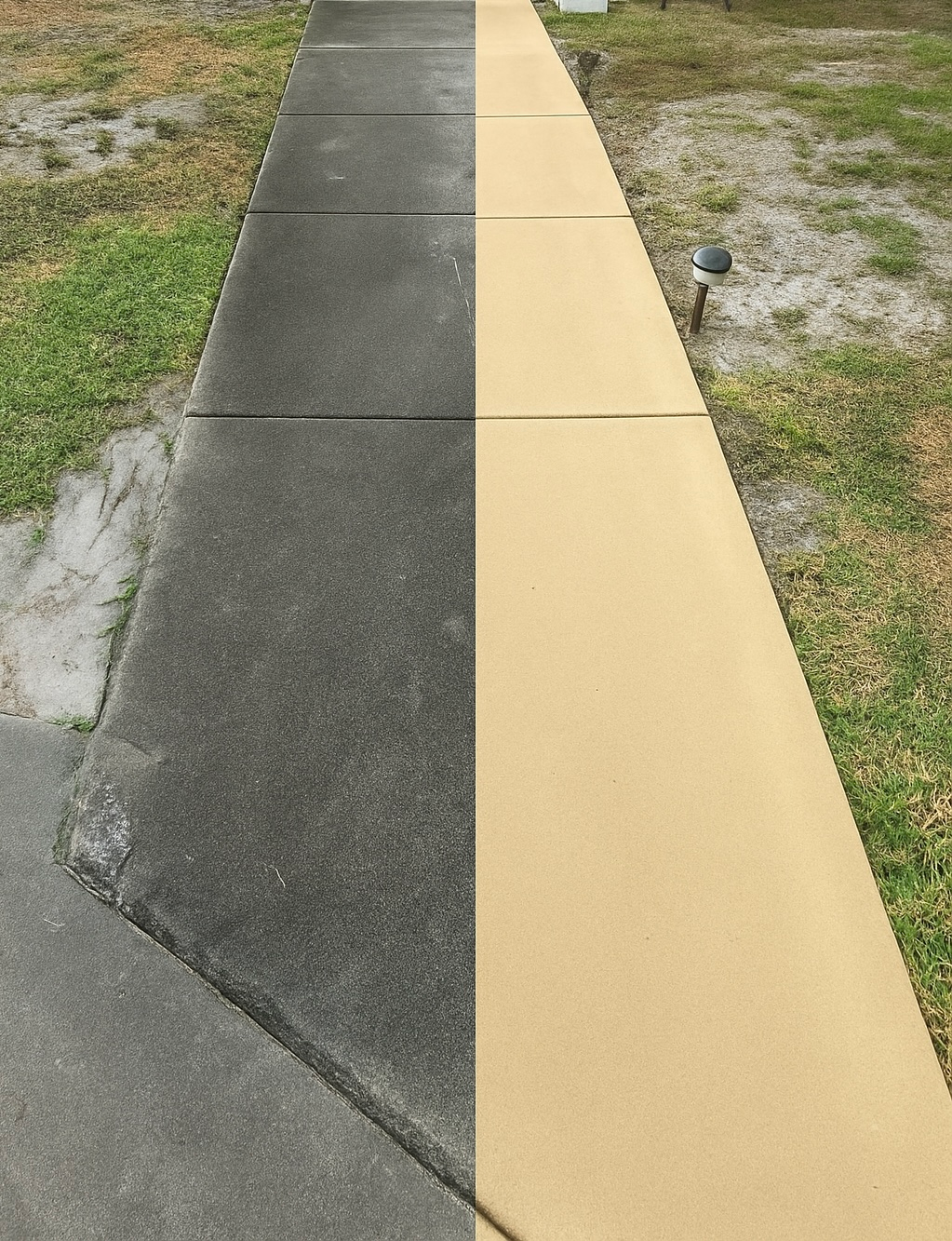 A sidewalk power washed half-way, revealing a clean, light tan concrete surface next to a dirty, dark gray section.