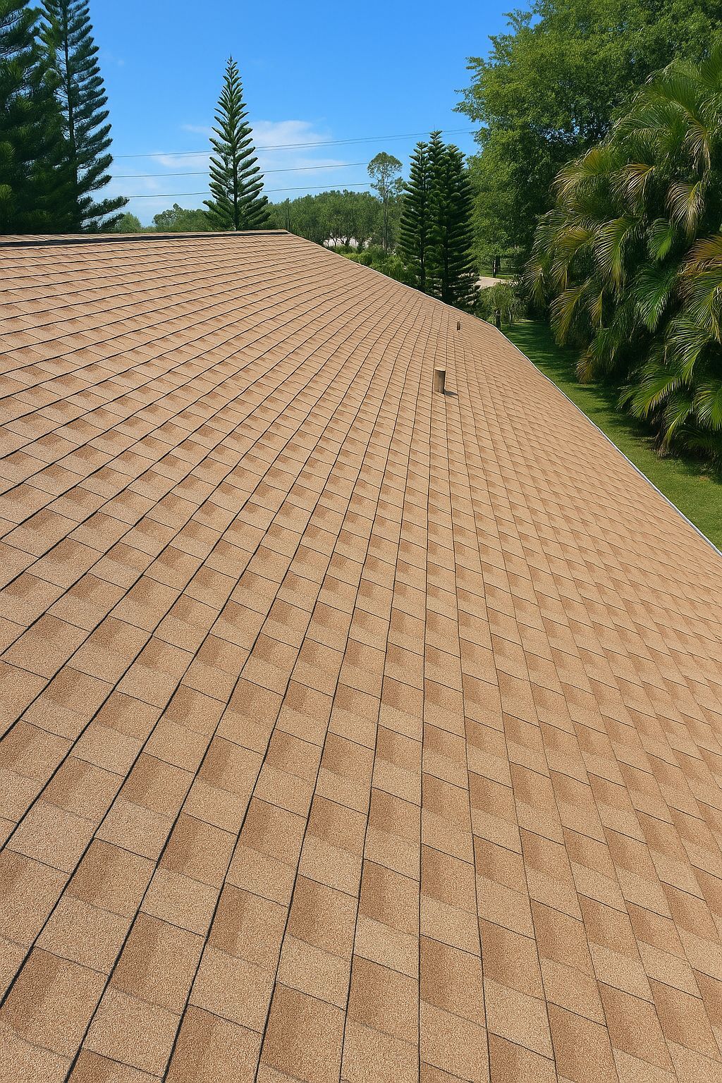 The roof of a house with a blue sky and trees in the background.