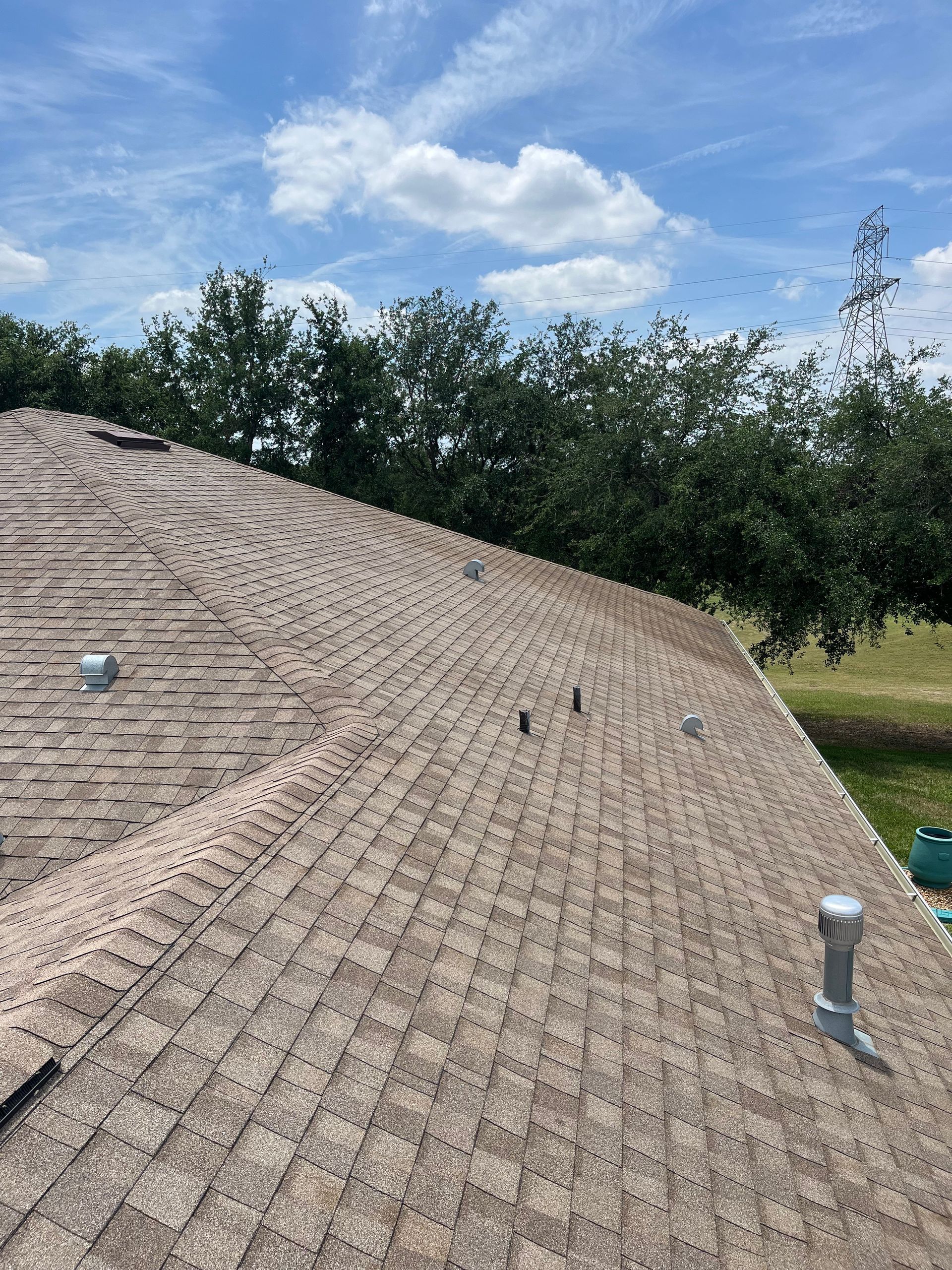 A close up of a tiled roof with trees in the background.