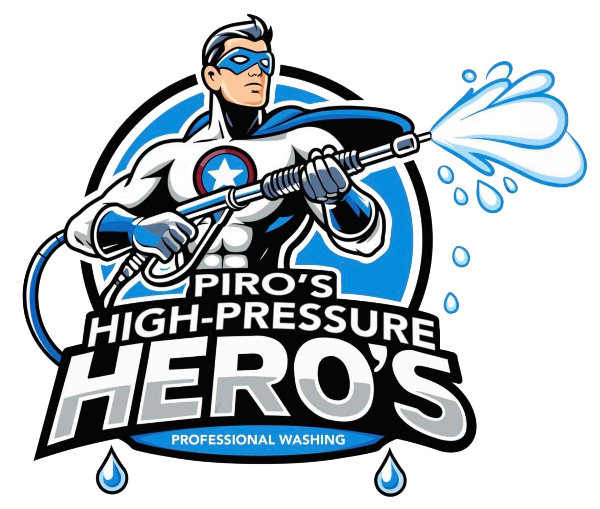 A cartoon of a superhero holding a high pressure washer.