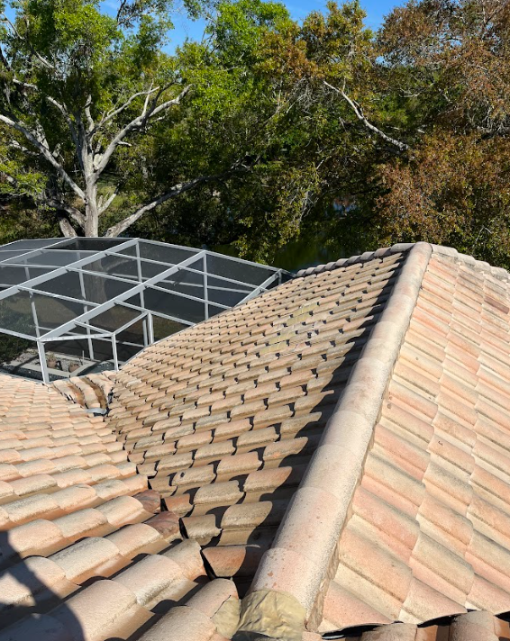 A roof with a lot of tiles and trees in the background