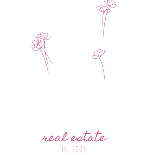 A real estate logo with pink flowers on a white background